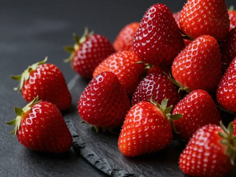 Fresh Red Strawberries on Dark Slate Surface