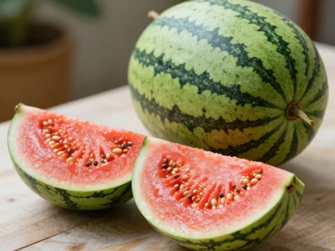 Fresh Watermelon with Slices on Wooden Table