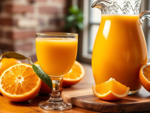 Freshly Squeezed Orange Juice in Glass and Pitcher