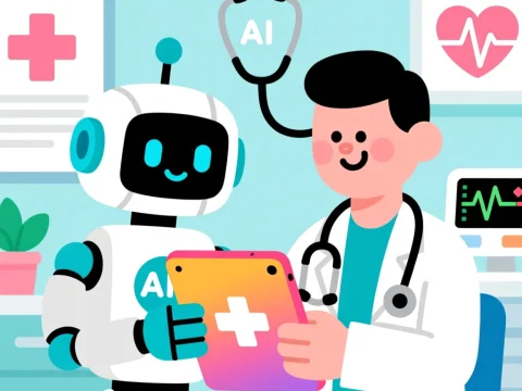 Friendly AI Robot Assisting Doctor in Medical Office
