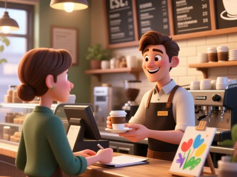Friendly Barista Serving Coffee in Cozy ESL Coffee Shop