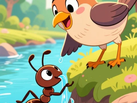 Friendly Bird and Ant by the River in Cartoon Style