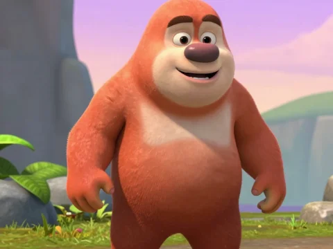 Friendly Cartoon Bear Character in Vibrant Outdoor Setting