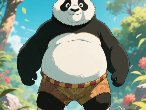 Friendly Cartoon Panda Standing Outdoors