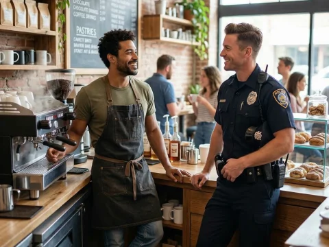 Friendly Conversation Between Barista and Police Officer in Coffee Shop