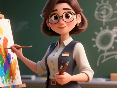 Friendly Female Art Teacher Painting in Classroom