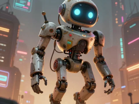 Friendly Flying Archivist Robot in Futuristic Cityscape