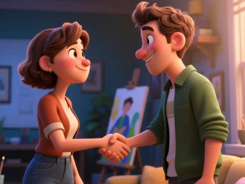 Friendly Handshake Between Two Animated Characters