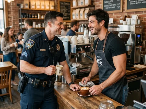 Friendly Interaction Between Police Officer and Barista in Coffee Shop