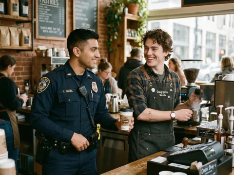 Friendly Interaction Between Young Police Officer and Barista in Coffee Shop