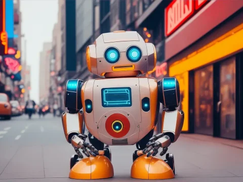Friendly Retro Robot in Urban Street Scene