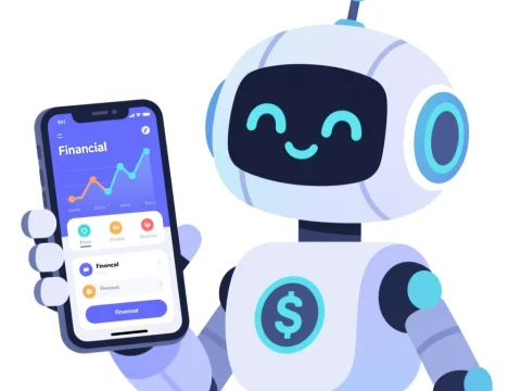 Friendly Robot Holding Smartphone with Financial App