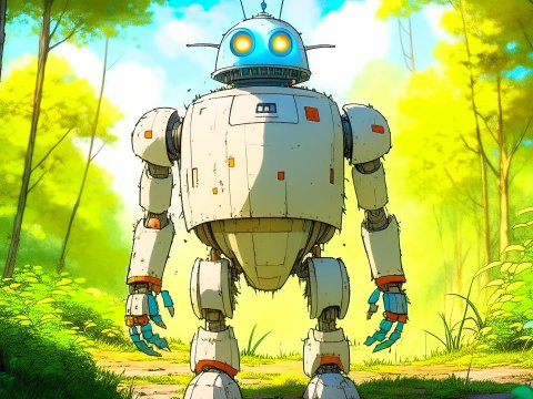 Friendly Robot in a Lush Forest Path