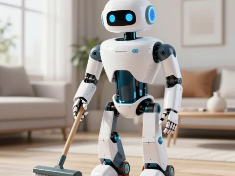 Friendly Robot Sweeping Floor in Modern Living Room