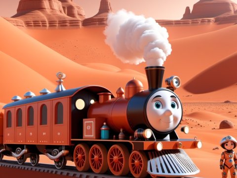 Friendly Steam Train on Alien Desert Landscape