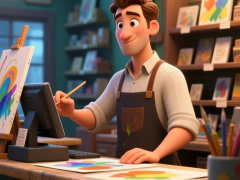 Friendly Store Owner Painting at Art Shop Counter