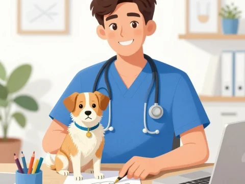 Friendly Veterinarian Drawing with Puppy in Clinic