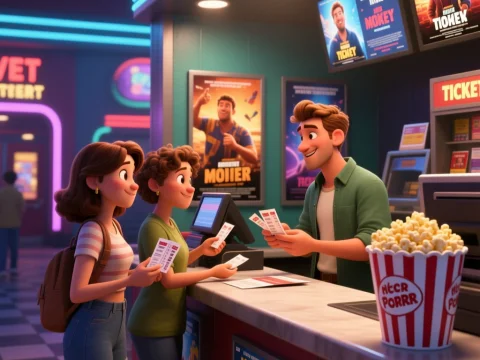 Friends Buying Movie Tickets at Theater Counter