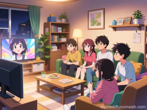 Friends Watching Anime Together in Cozy Living Room