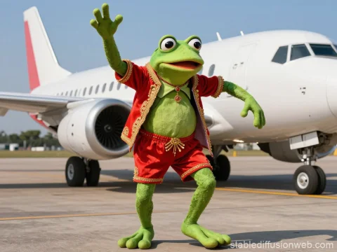 Frog Character in Red Costume Posing by Airplane