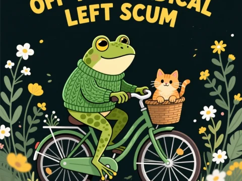 Frog in Sweater Riding Bike with Cat in Basket