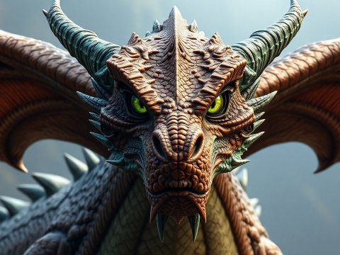 Front-Faced Realistic Dragon with Intense Green Eyes