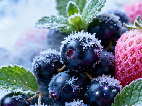 Frosted Berries with Mint Leaves in Winter Chill