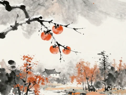 Frosty Autumn Ink Landscape with Persimmons