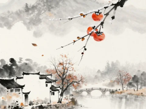 Frosty Autumn Zen Landscape with Persimmons and River Boat