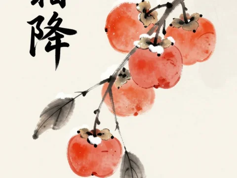 Frosty Persimmon Branch in Traditional Chinese Ink Style