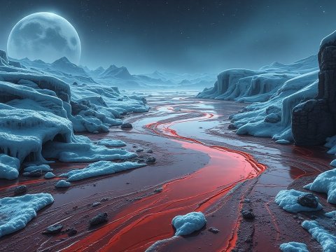 Frozen Landscape with Glowing Red River Under Full Moon