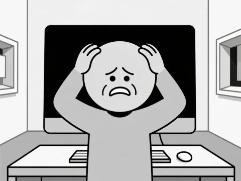 Frustrated Character Holding Head in Front of Monitor