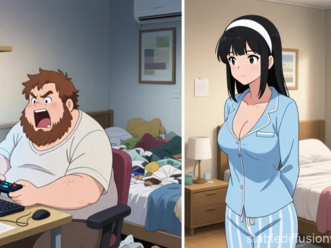 Frustrated Gamer and Calm Woman in Separate Rooms