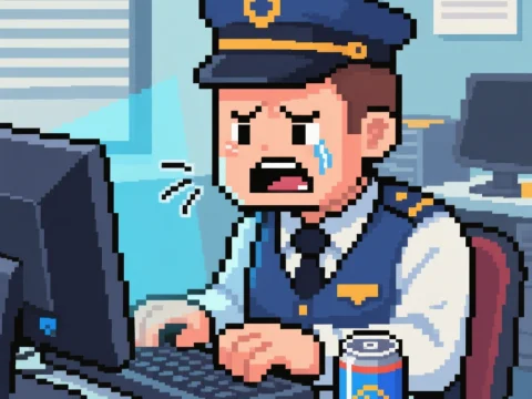 Frustrated Police Officer Typing at Office Desk in Pixel Art