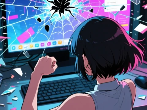 Frustrated Woman Punching Cracked Computer Monitor