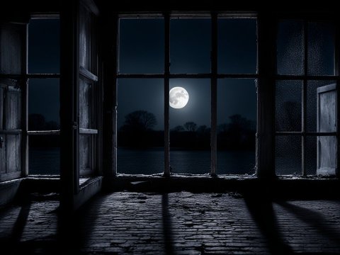 Full Moon Night Viewed Through Old Window