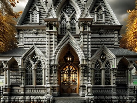 Full-Sized Gothic Church with Autumn Foliage