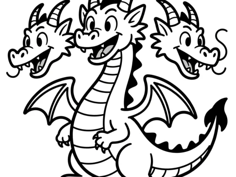 Funny Three-Headed Dragon Cartoon Outline