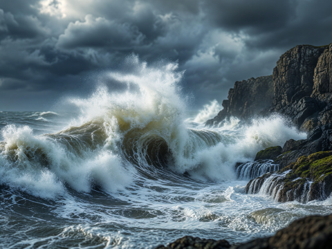 Furious Ocean Waves Crashing Against Rocky Cliffs