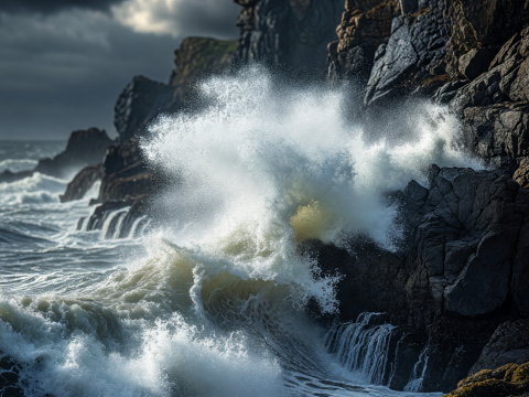 Fury of Storm Waves Crashing on Rocky Cliffs