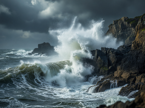 Fury of Stormy Waves Crashing Against Rocky Coast