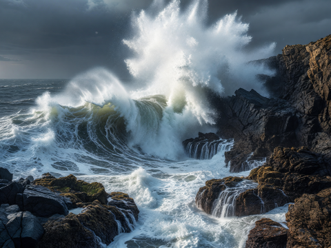 Fury of Stormy Waves Crashing on Rocky Cliffs