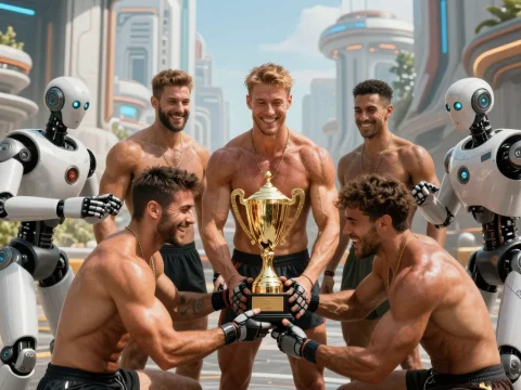 Future Athletes and Robots Celebrating Victory with Trophy