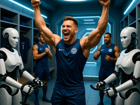 Future Athletes Celebrate Victory in Futuristic Locker Room