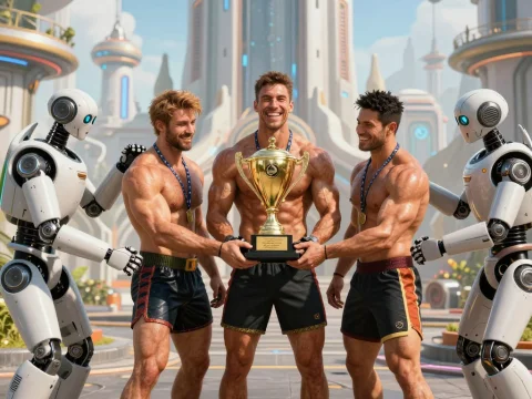 Future Athletes Celebrated by Robots in Futuristic City