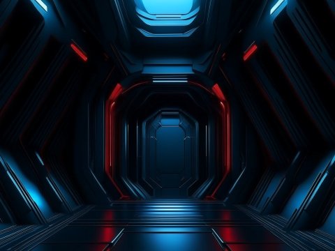 Futuristic 3D Sci-Fi Corridor with Blue and Red Lighting