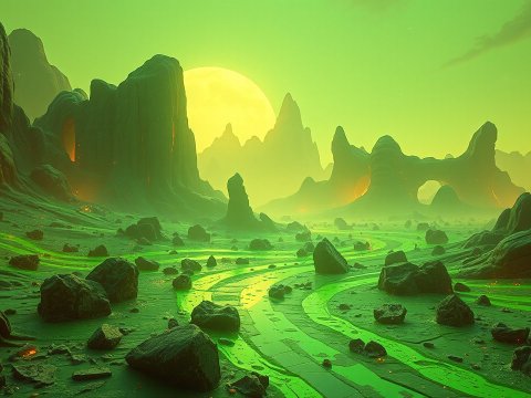 Futuristic Acid-Covered Alien Landscape at Dusk
