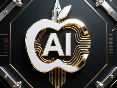 Futuristic AI Apple Logo with Gold and Black Tech Design