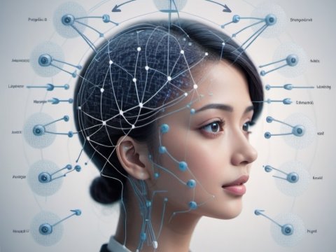 Futuristic AI Brain Network Visualization on Woman's Profile