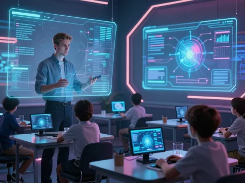 Futuristic AI Classroom with Holographic Displays in 2050